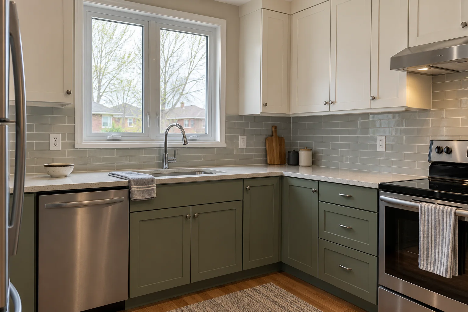 A kitchen with soft green cabinets and practical countertop space
