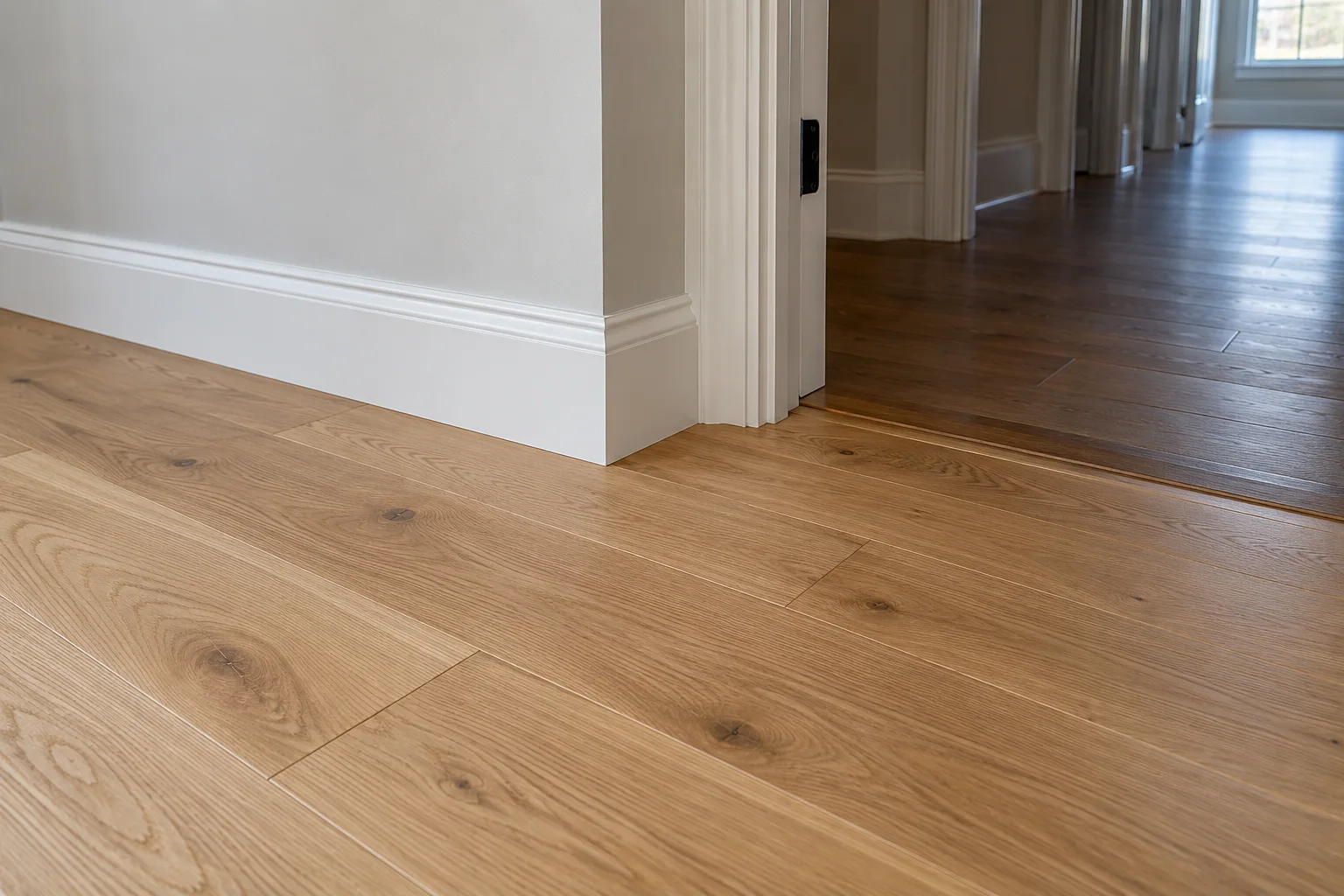 Oak flooring meeting white baseboard trim at a doorway