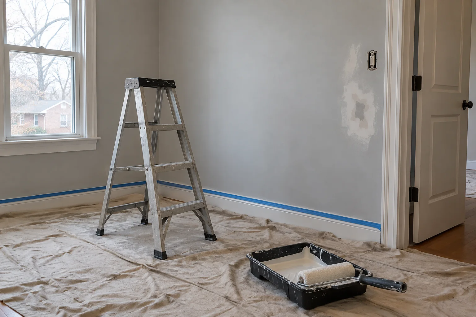 A residential room prepared for renovation with floor protection, a stepladder and a paint tray